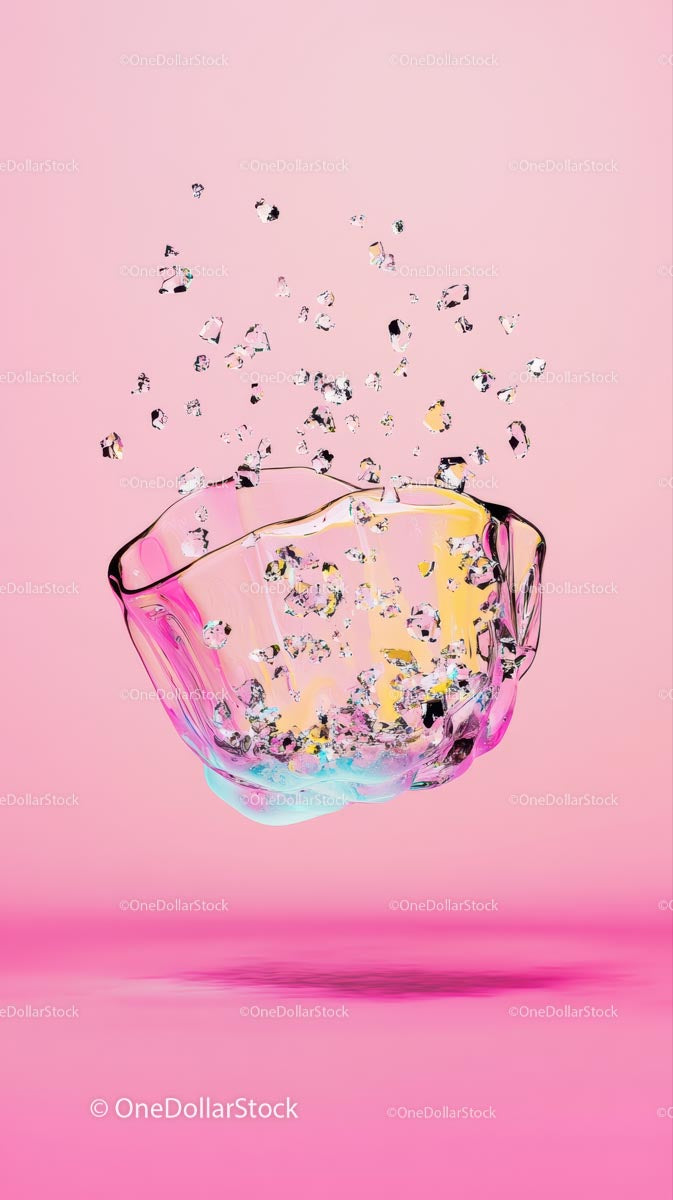 Pink Shattered Glass Bowl with Falling Fragments Creative Composition