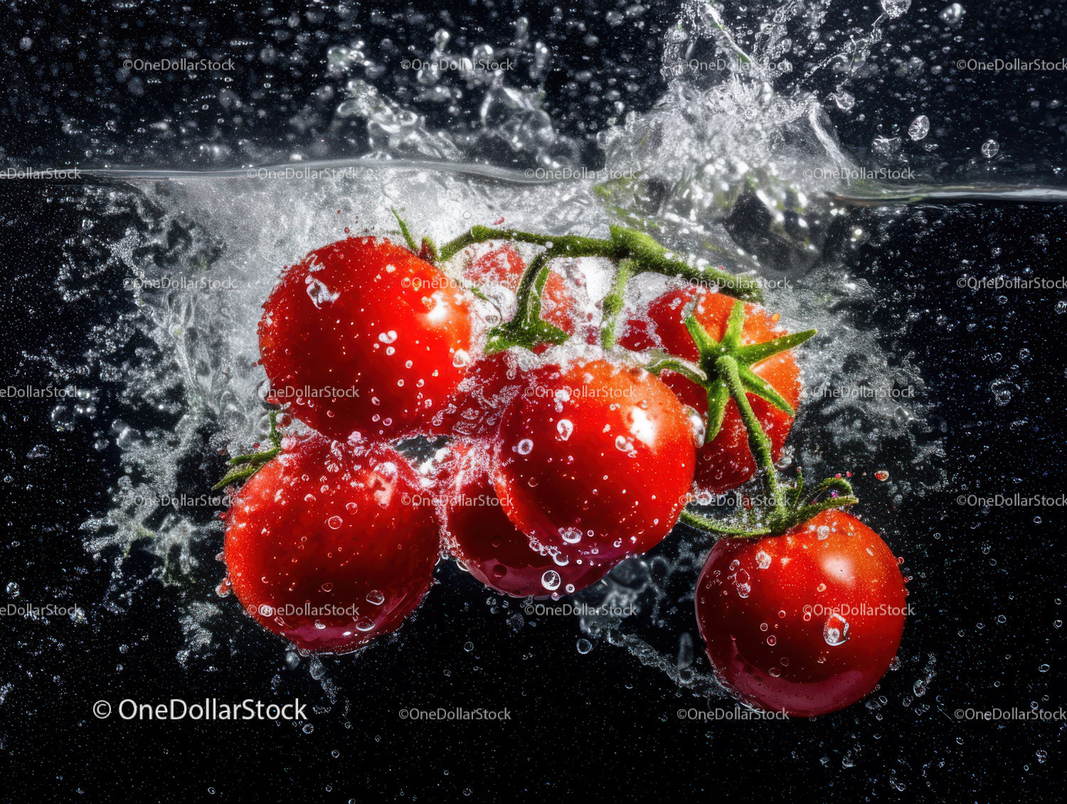 Fresh Cherry Tomatoes Splashing into Water in Vibrant Food Scene