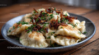Japanese Gyoza Dumplings with Crispy Edges and Green Garnish