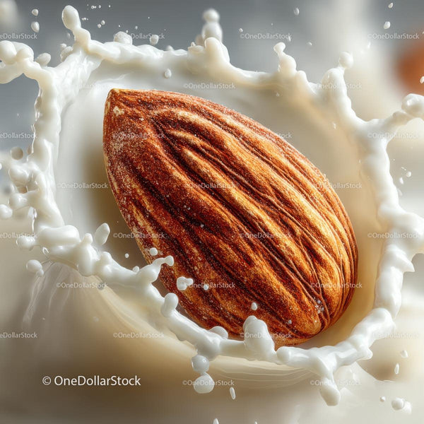 Almond Splashing into Creamy Milk Liquid