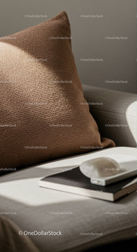 Cozy Beige Cushion on Light Gray Couch with Sunlight Shadows