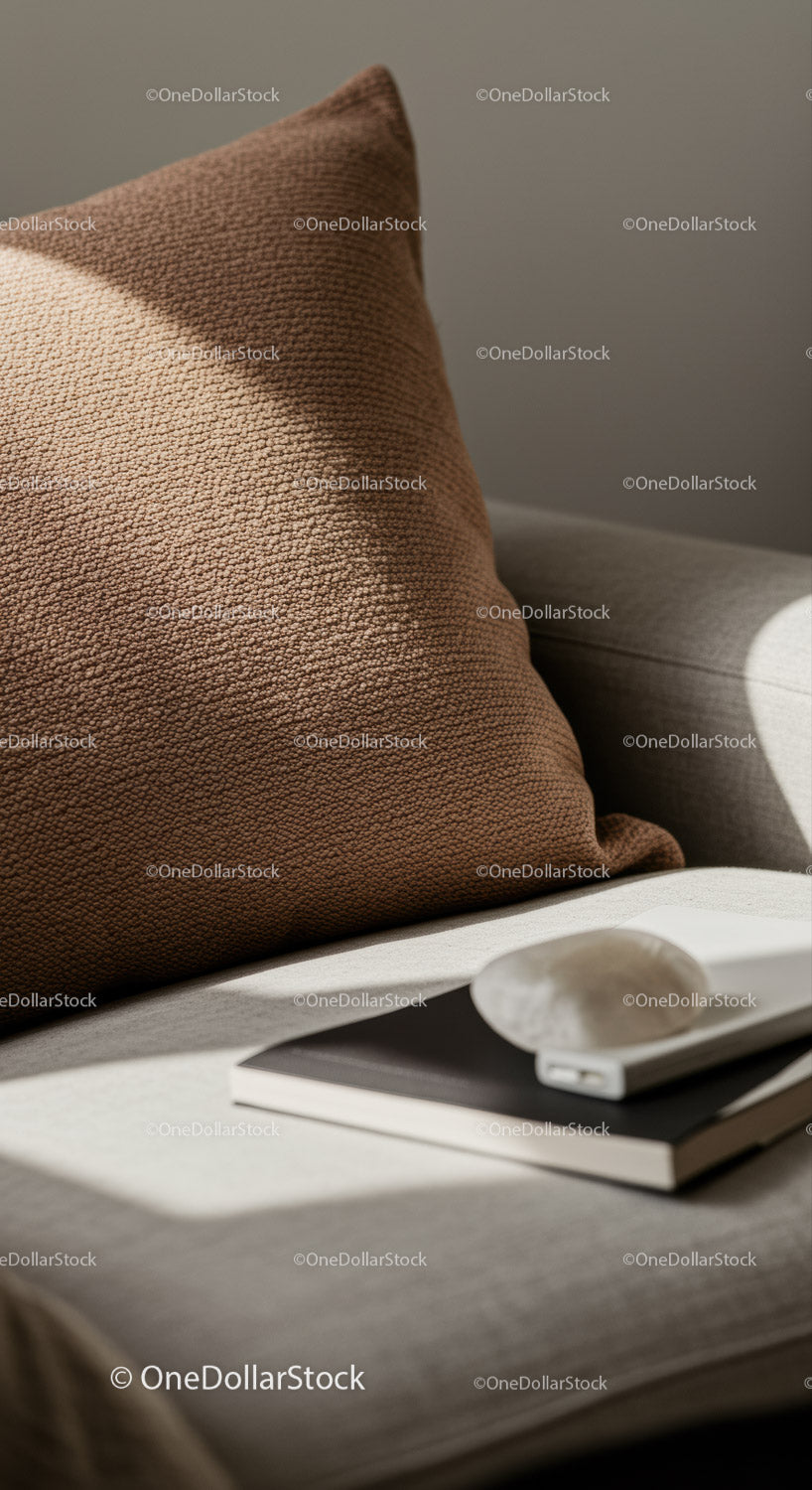 Cozy Beige Cushion on Light Gray Couch with Sunlight Shadows
