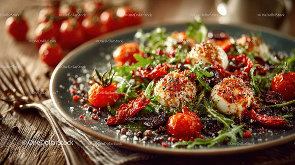 Fresh Cherry Tomato and Burrata Salad with Sun-Dried Tomatoes and Olives