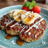 Banana Pancakes with Caramelized Banana Strawberries and Coconut