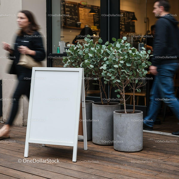 Blank sidewalk sign with plants outside urban cafe JPG Mockup Image