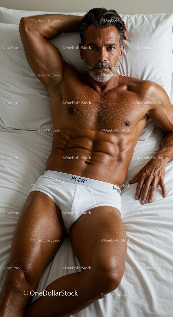 Fit mature man relaxing on bed in white underwear