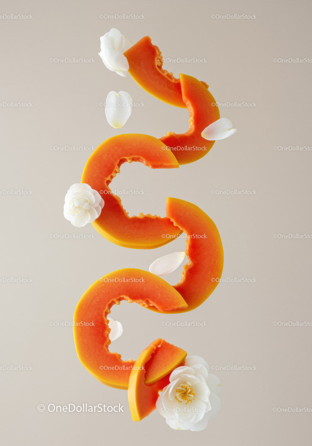 Sliced papaya with delicate white camellia flowers