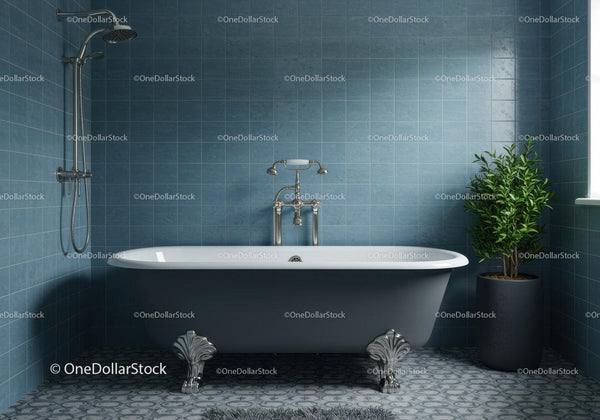 Classic freestanding bathtub in modern blue tiled bathroom