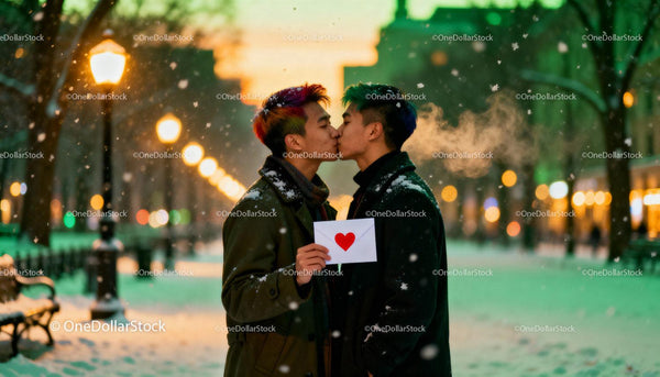 Couple sharing a romantic kiss on snowy winter evening