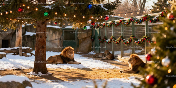 Lions Relaxing in Winter Zoo with Festive Decorations