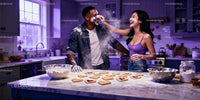 Couple Playfully Baking Heart-Shaped Cookies Together