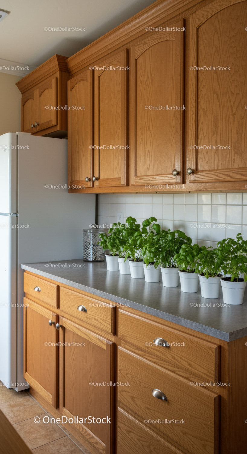 Wooden Kitchen Cabinets with Green Houseplants on Gray Countertop