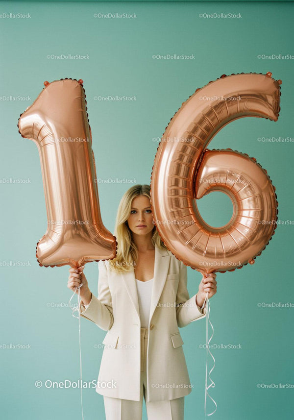 Young woman holding rose gold number 16 balloons