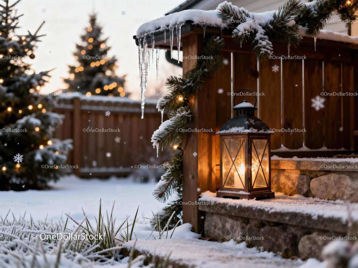 Cozy Lantern Glow on Snowy Winter Porch Steps