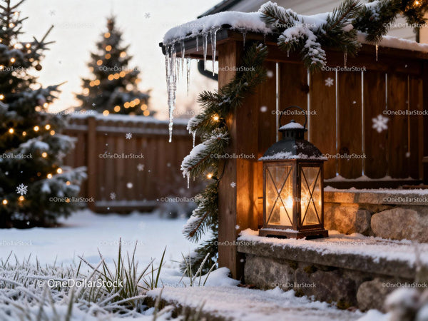 Cozy Lantern Glow on Snowy Winter Porch Steps