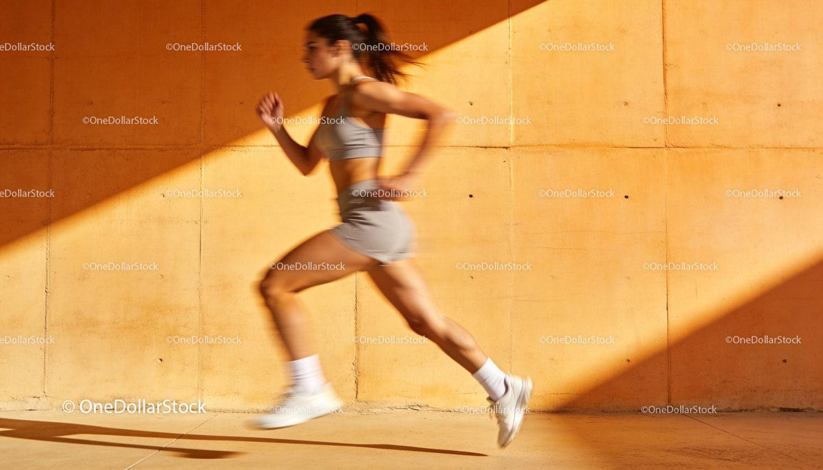 Athletic woman sprinting fast against orange wall