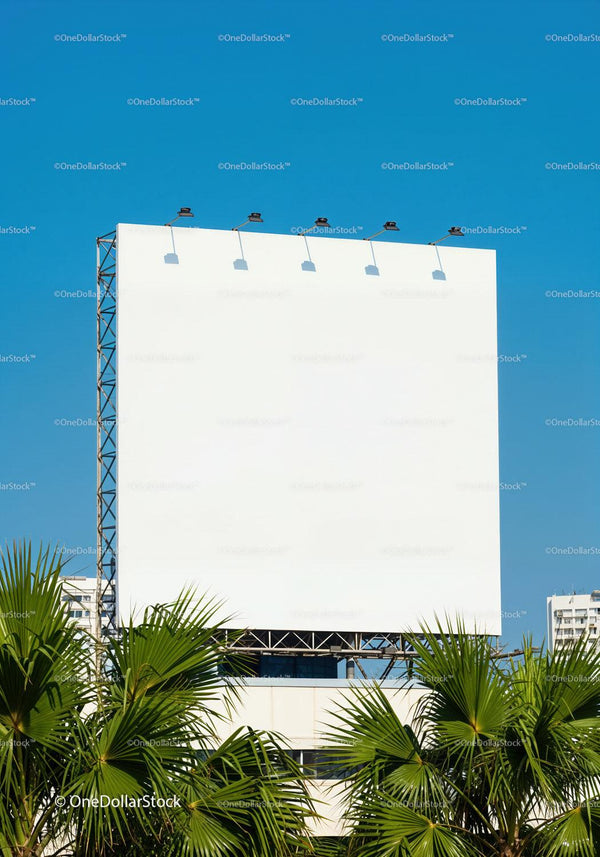 Large blank billboard with tropical palm trees under clear sky JPG Mockup Image