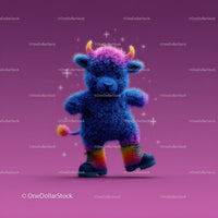 Colorful Furry Mascot with Rainbow Horns Wearing Boots and Smiling