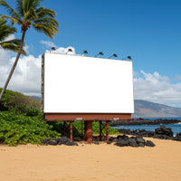 Blank Billboard on Tropical Beach with Palm Trees