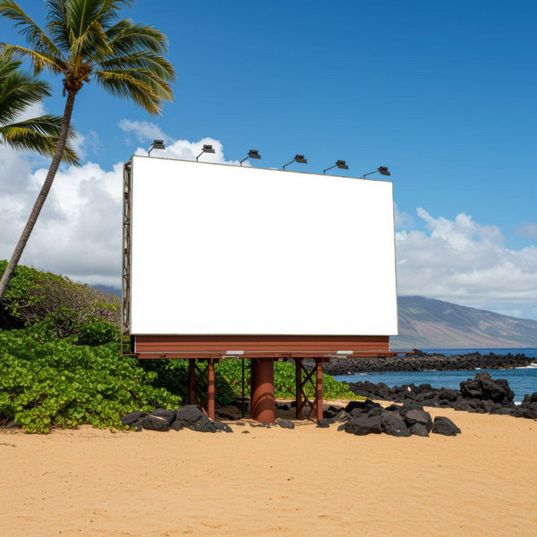 Blank Billboard on Tropical Beach with Palm Trees JPG Mockup Image