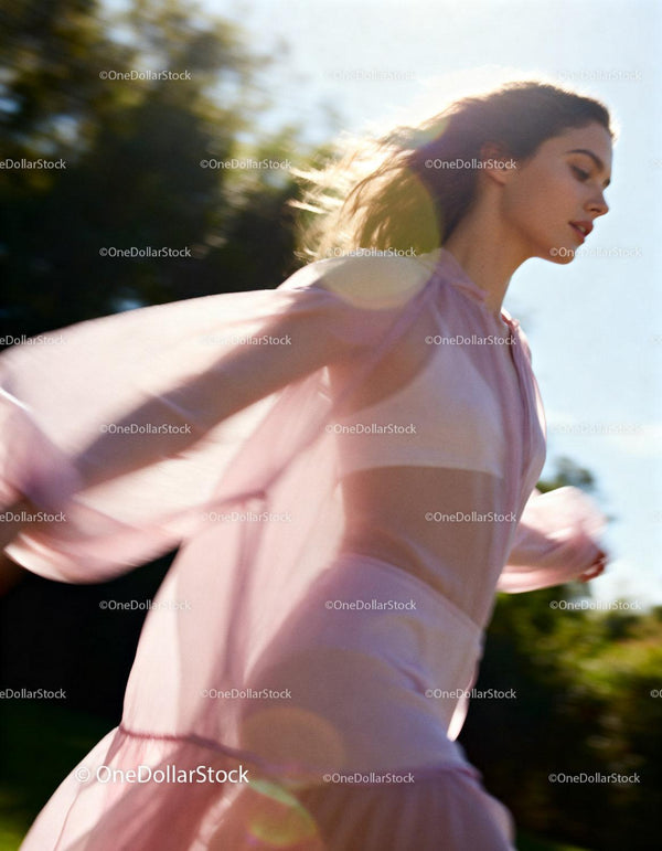 Young woman in flowing pink dress outdoors at sunset