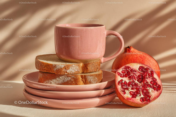 Różowy ceramiczny kubek z tostem i granatem na przytulnej tacy śniadaniowej