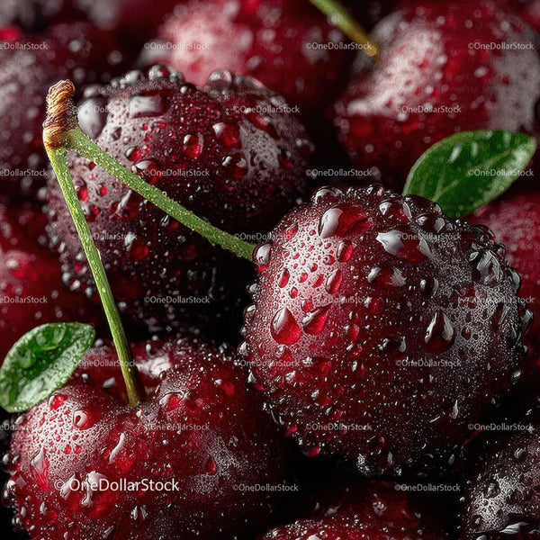 Close-up of Juicy Ripe Cherries with Dew Drops for Food Photography