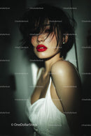 Elegant Woman with Red Lips in Stylish Evening Dress