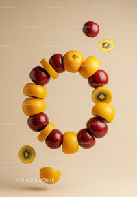Floating ring of mixed fresh fruits in beige studio