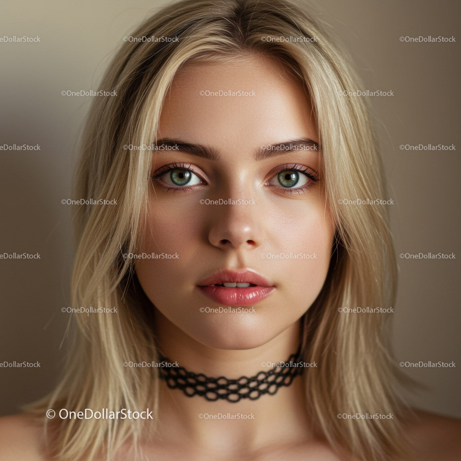 Portret młodej kobiety o blond włosach i zielonych oczach