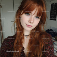 Portrait of a Red-Haired Girl with Green Eyes and Freckles in Casual Attire