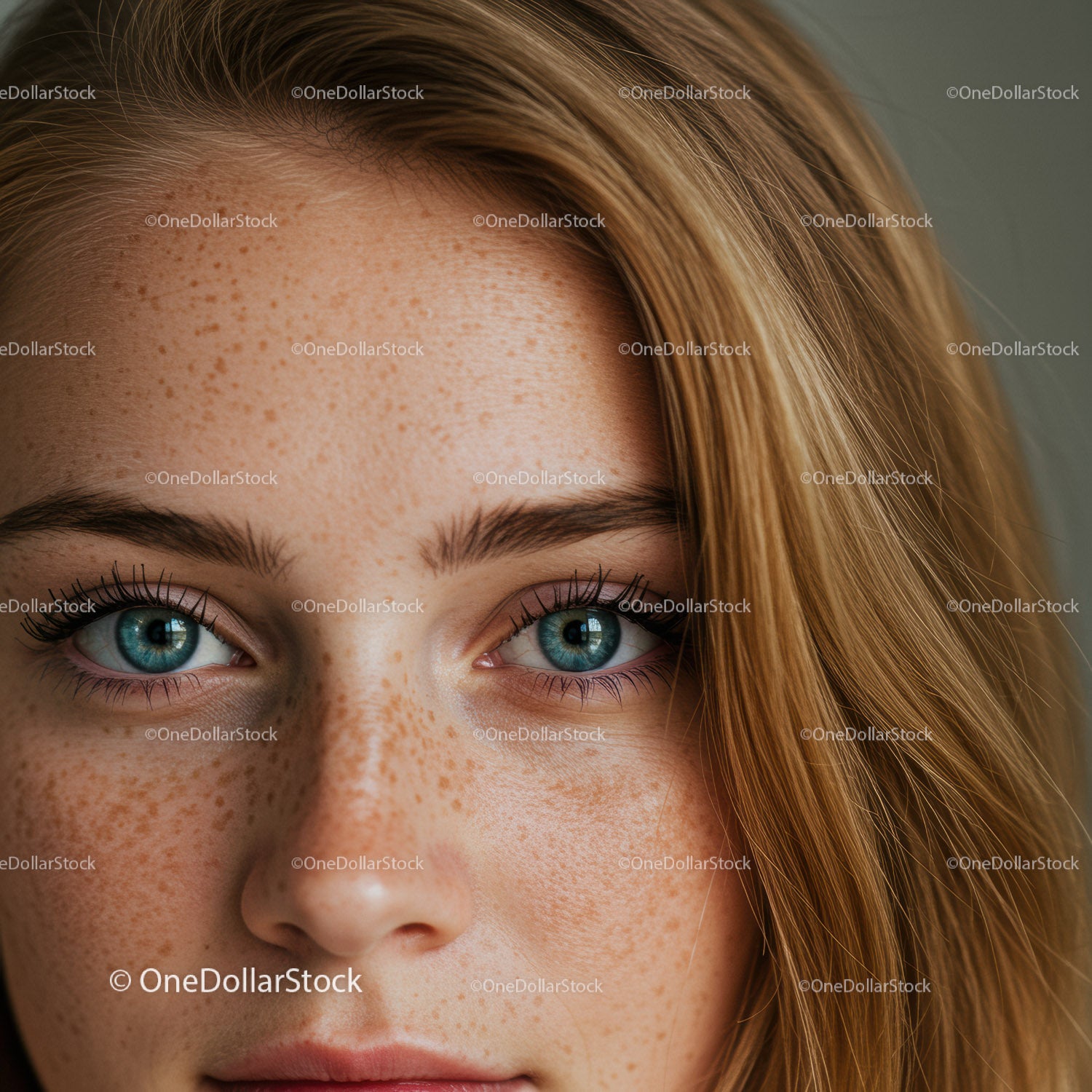 Close up portrait of blue eyed young woman with freckles