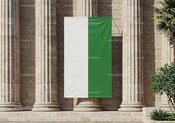 White and green vertical flag hanging on stone columns JPG Mockup Image