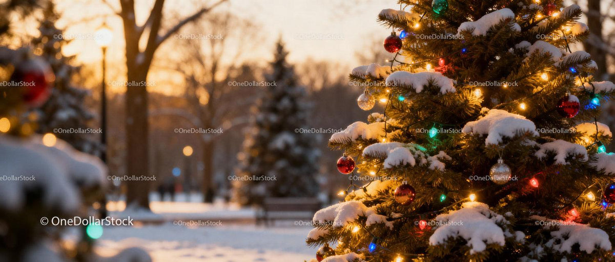 Snow-covered Christmas tree glowing at sunset in park