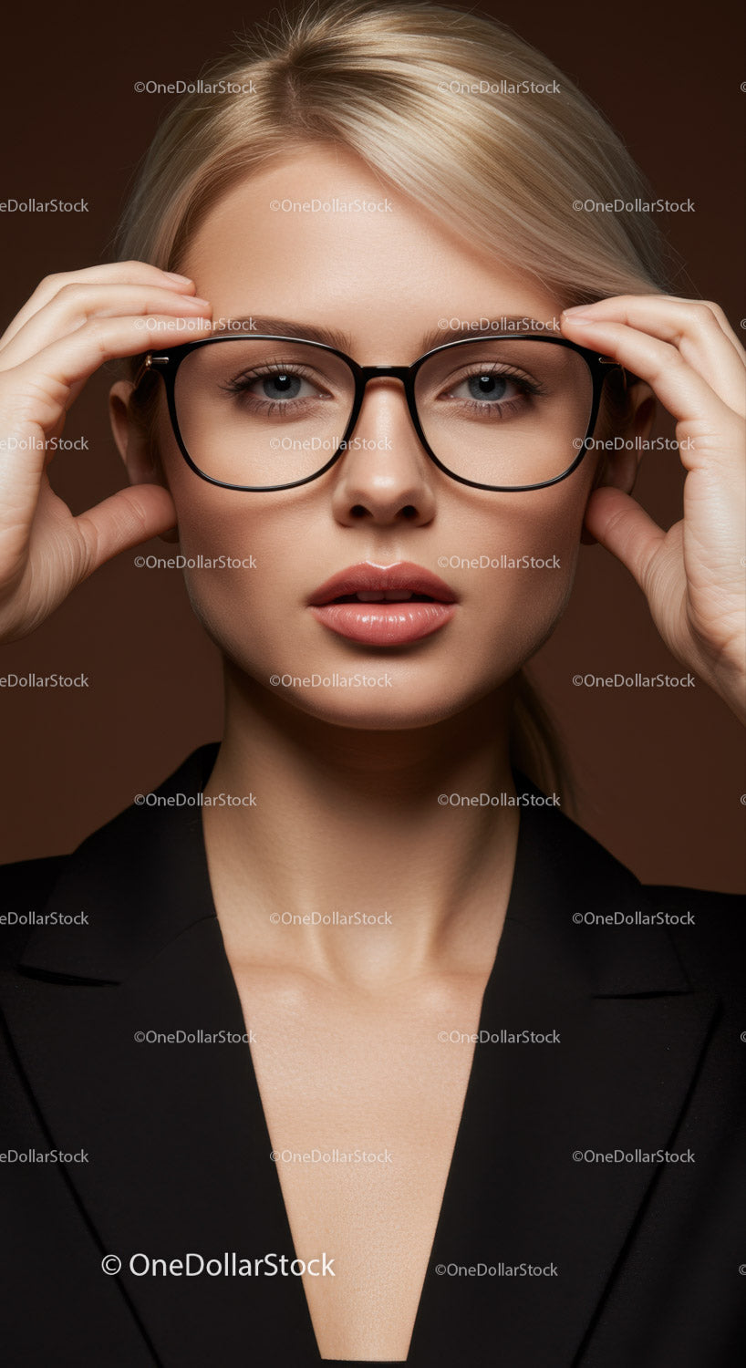 Elegancka kobieta poprawiająca okulary, portret z blond włosami i czarnym żakietem