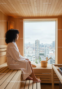 Woman Sitting in Traditional Sauna with City View Above Skyscrapers