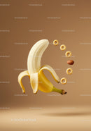 Peeled banana with floating cereal and almond on beige
