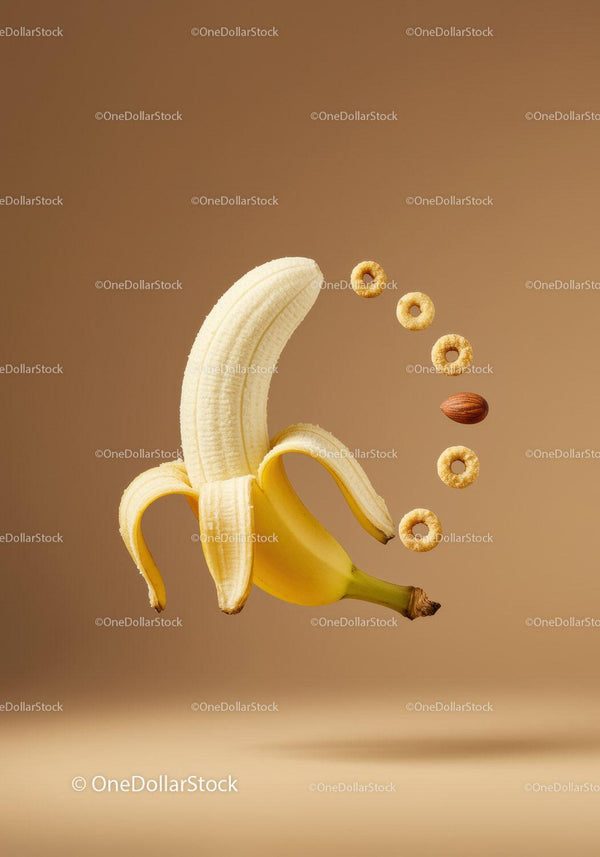 Peeled banana with floating cereal and almond on beige