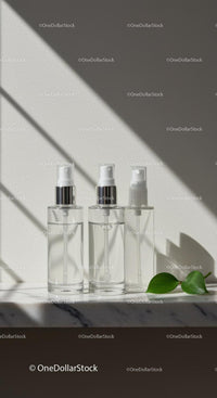 Clear Cosmetic Spray Bottles on Marble Surface with Leaf