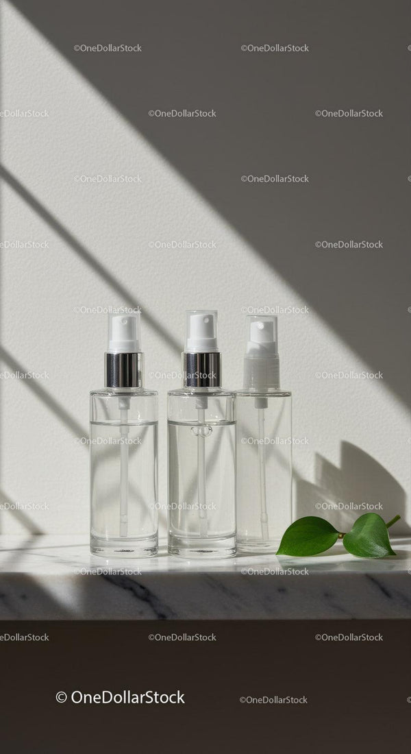 Clear Cosmetic Spray Bottles on Marble Surface with Leaf JPG Mockup Image