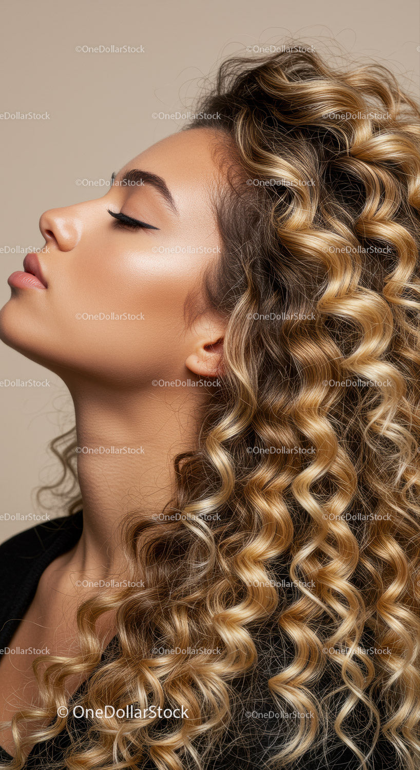 Profile of woman with voluminous curly blonde hair