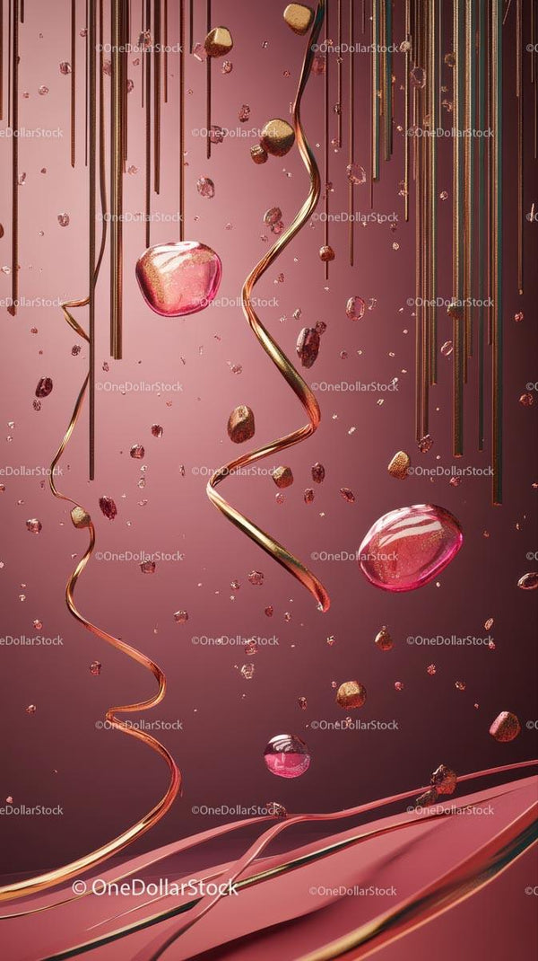 Elegant Pink and Gold Abstract Digital Art with Floating Crystals