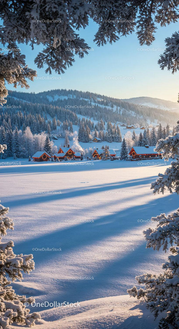 Snow Covered Mountain Village at Golden Hour Light