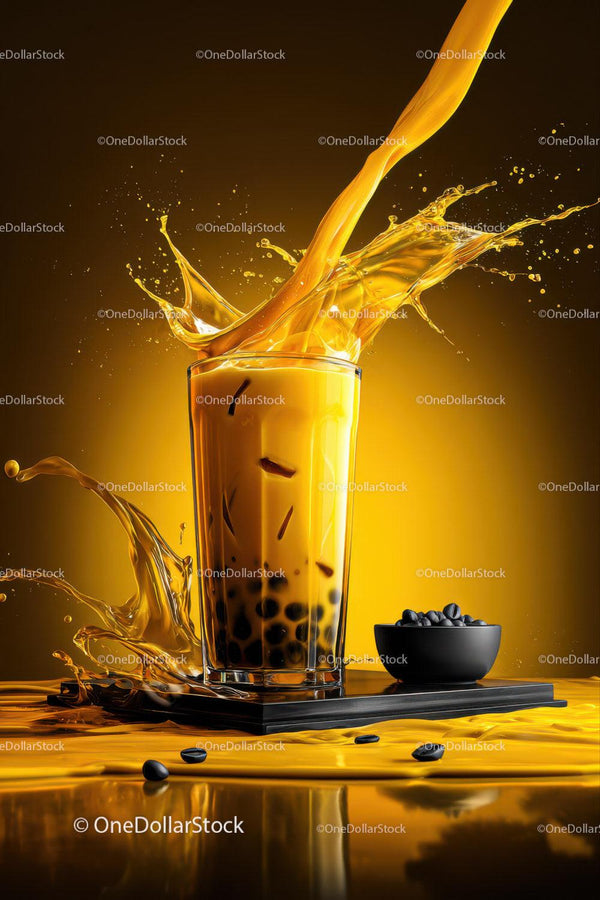 Vibrant Bubble Tea Splash with Tapioca Pearls and Dynamic Motion