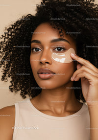 Beautiful woman applying under-eye gel mask for skincare routine