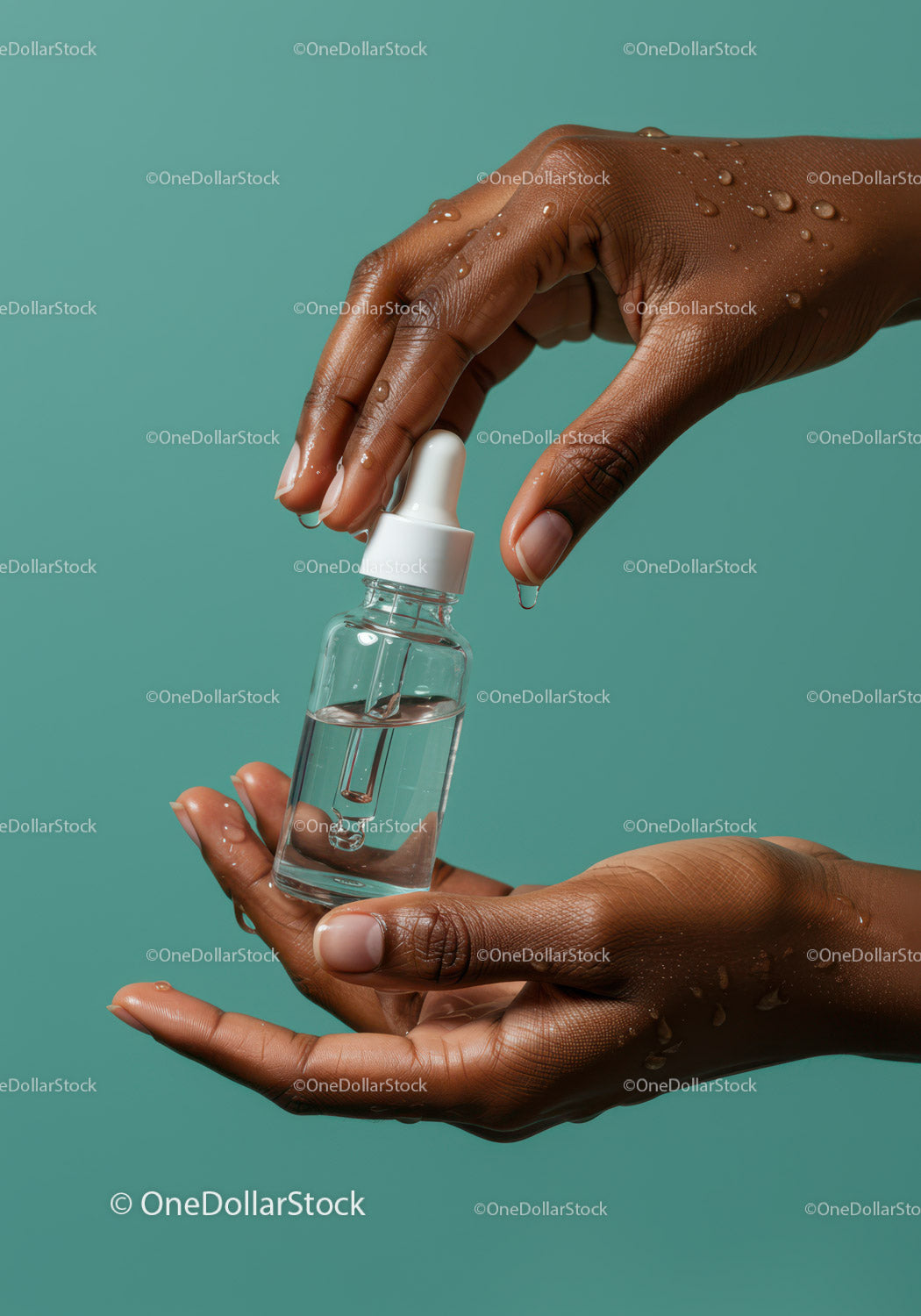 Hands with Water Droplets Holding Glass Spray Bottle on Teal Background