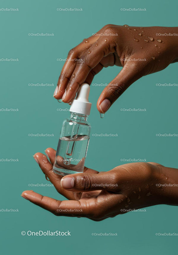 Hands with Water Droplets Holding Glass Spray Bottle on Teal Background JPG Mockup Image