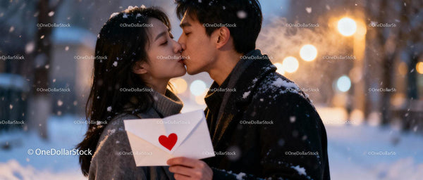 Couple Sharing a Romantic Kiss with Love Letter in Snow