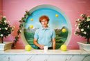 Young Man with Curly Red Hair in Surreal Indoor Landscape Scene