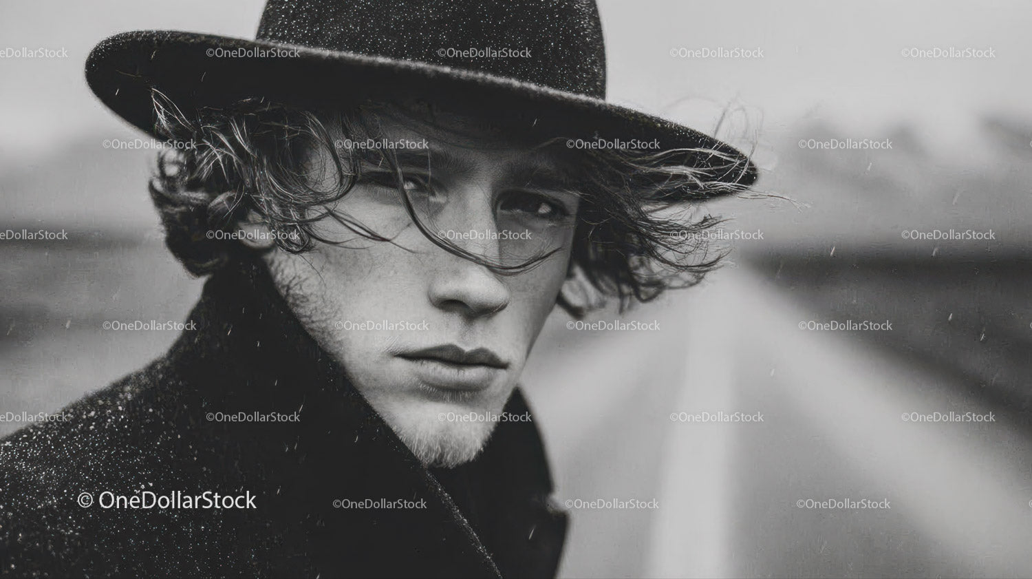 Czarno-biały portret stylowego męskiego modela w kapeluszu fedora